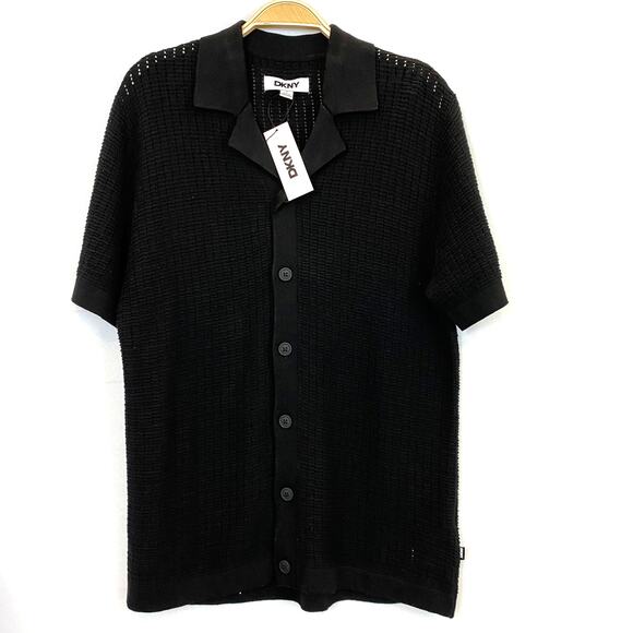 DKNY Crochet Shirt Men Size S Black Button Up Short Sleeve Preppy Festival NWT - Picture 2 of 11